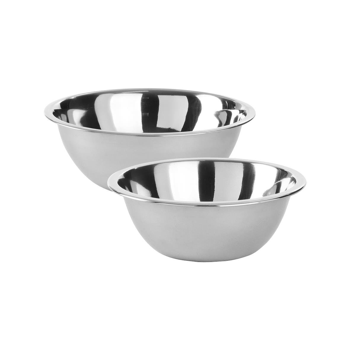 Två rostfria blandningsskålar i olika storlekar