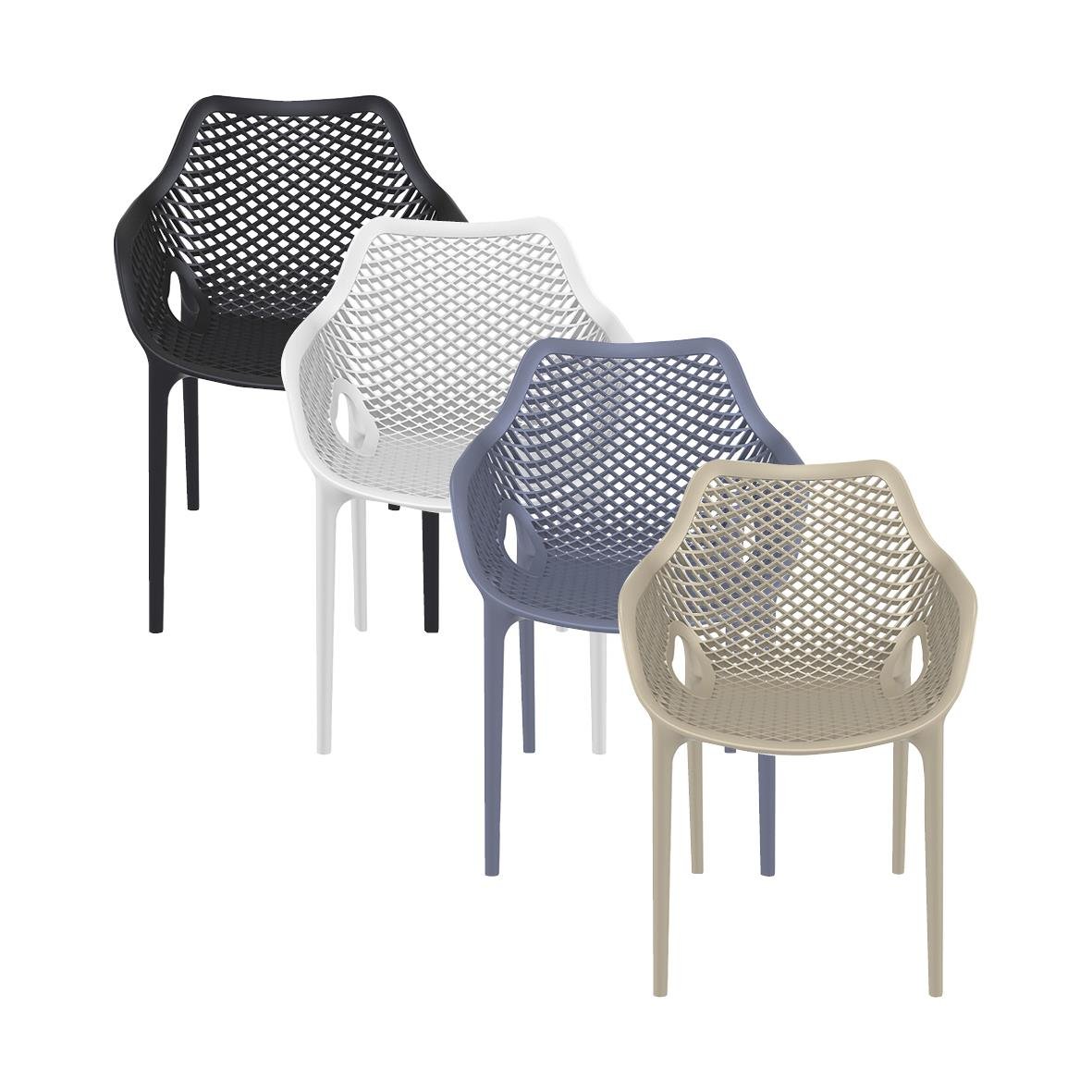 Fyra stapelbara stolar i svart vitt blå och beige med perforerad sits och rygg