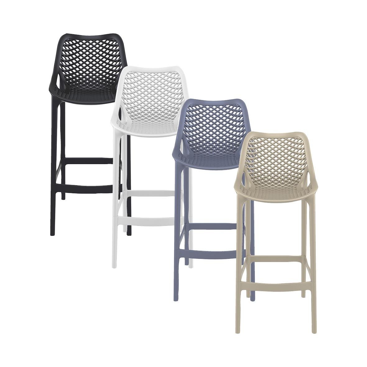 Fyra barstolar i olika färger med perforerad rygg och sits, höjd 75 cm