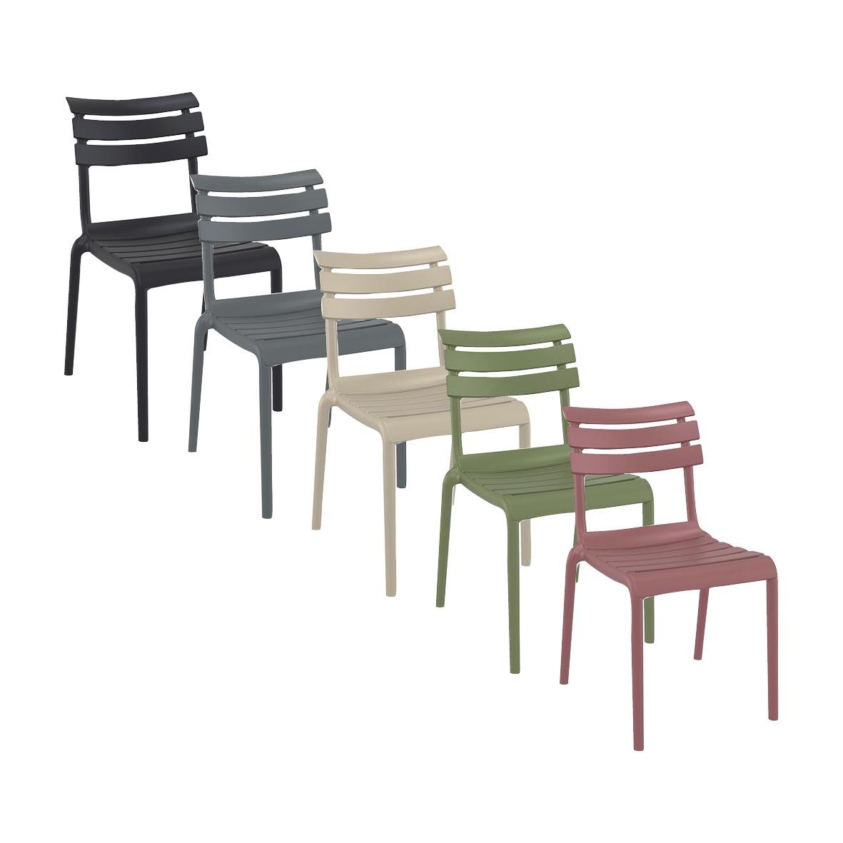Färgglada stapelbara stolar i olika färger: svart, grå, beige, grön och rosa
