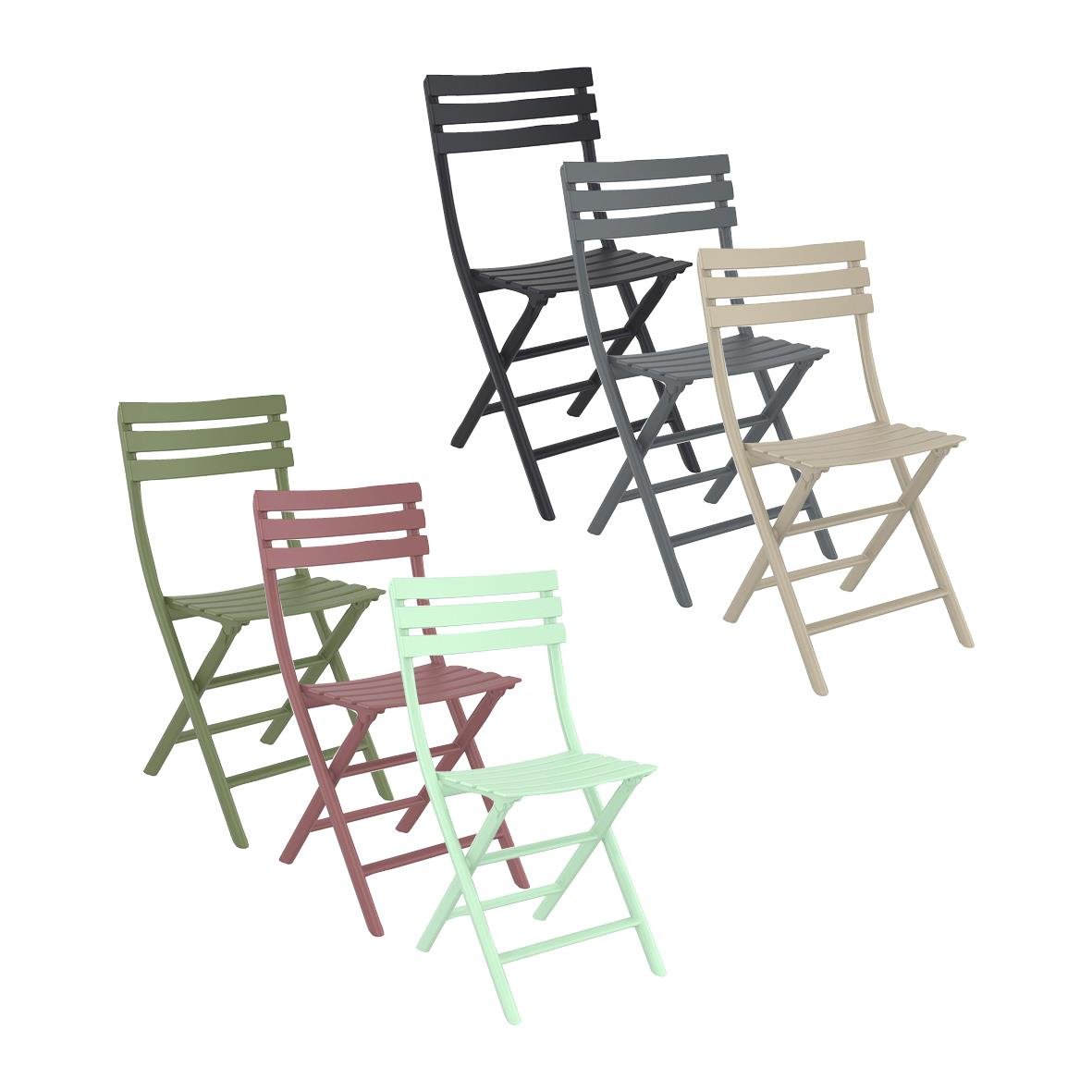 Färgglada hopfällbara stolar i svart, grått, beige, grönt, rosa och mint