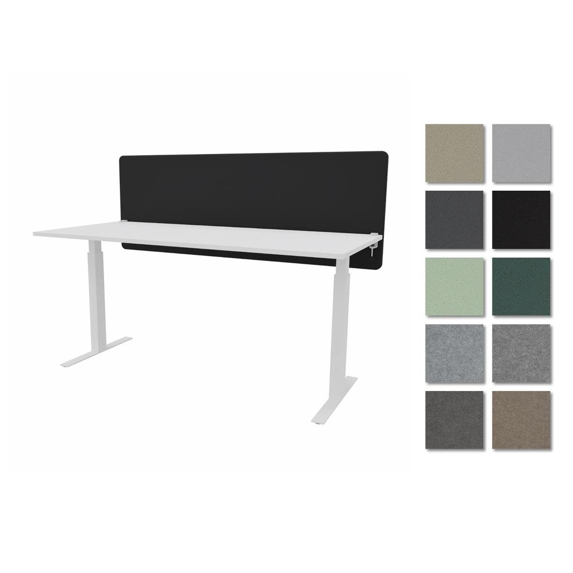 Bordsskärm ScreenIT A30 med svart tygskydd och justerbar vit bordsskiva, mått 1800x650x40mm, i olika färgalternativ