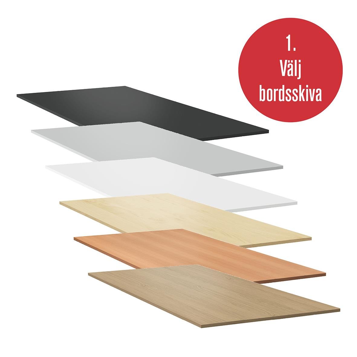 Fem olika bordsskivor i laminat i svart, vitt, beige, koppar och träfinish