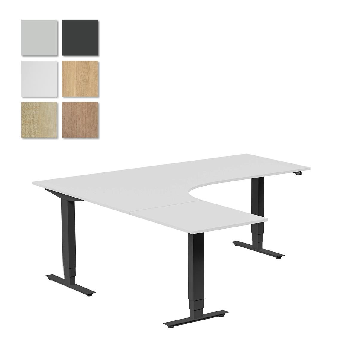 Höj- och sänkbart skrivbord med vit yta och svarta ben, vänsterställd, 1800x1800 mm, finns i flera färger