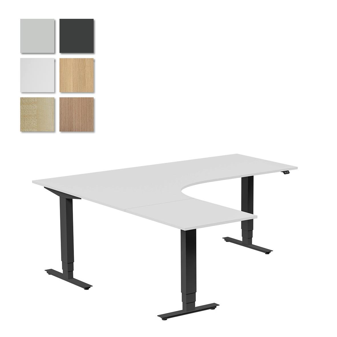 Höj- och sänkbart skrivbord Lanab Vänster 2000x1800 i vitt med svarta ben och valda färgprover