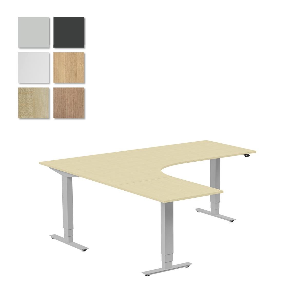 Höj- och sänkbart skrivbord i ljus träfinish med justerbara ben, mått 2000x2000 mm, finns i flera färgalternativ