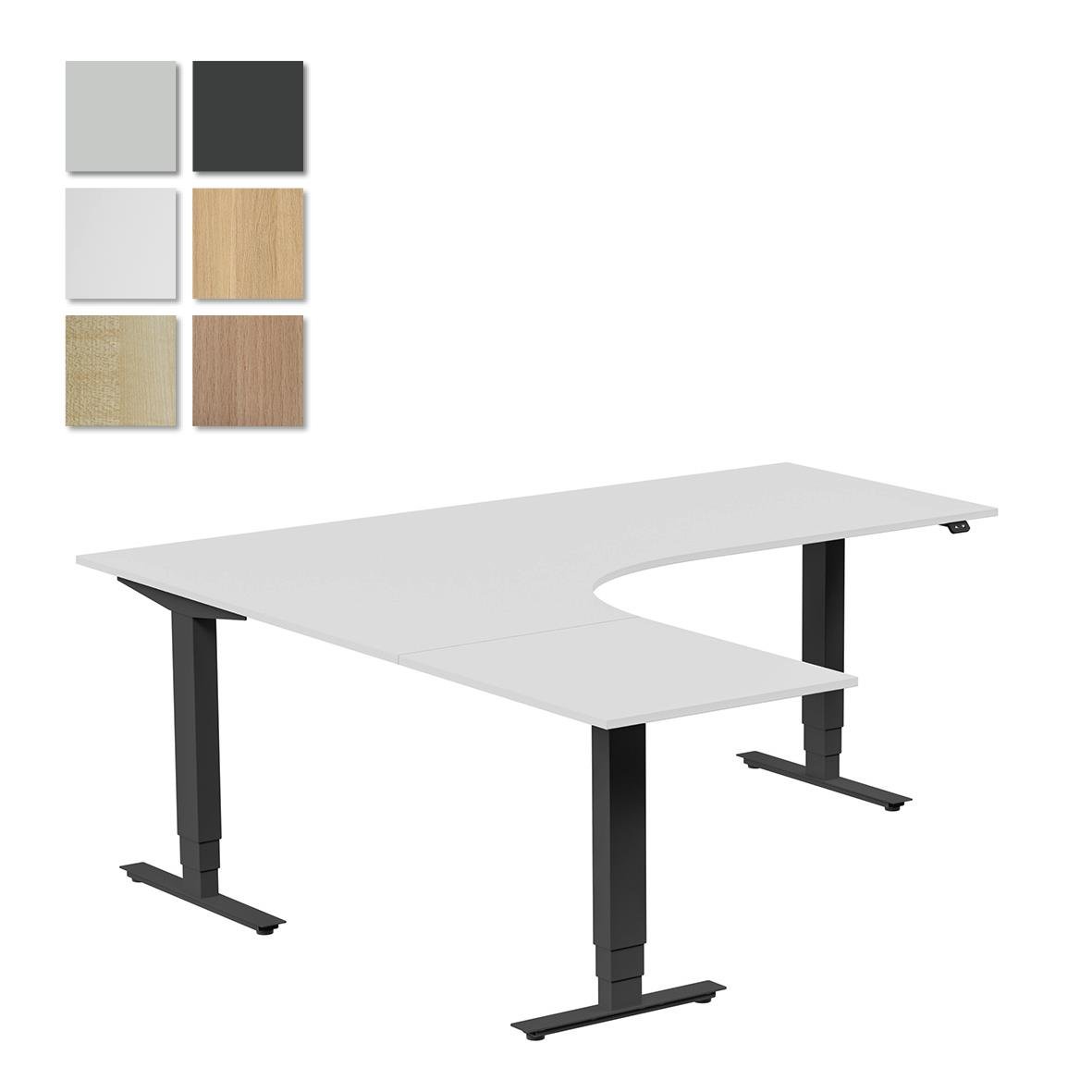 Höj- och sänkbart skrivbord med vit yta och svarta ben, vänsterställd, 2000x2000 mm, finns i olika färgalternativ