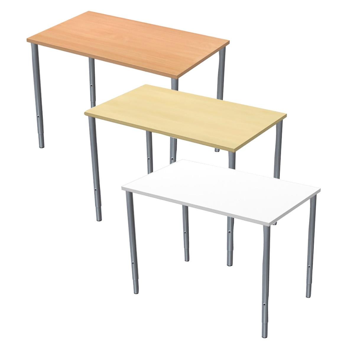 Tre utbildningsbord i olika färger med metallben, laminatytor, storlek 1000x600mm