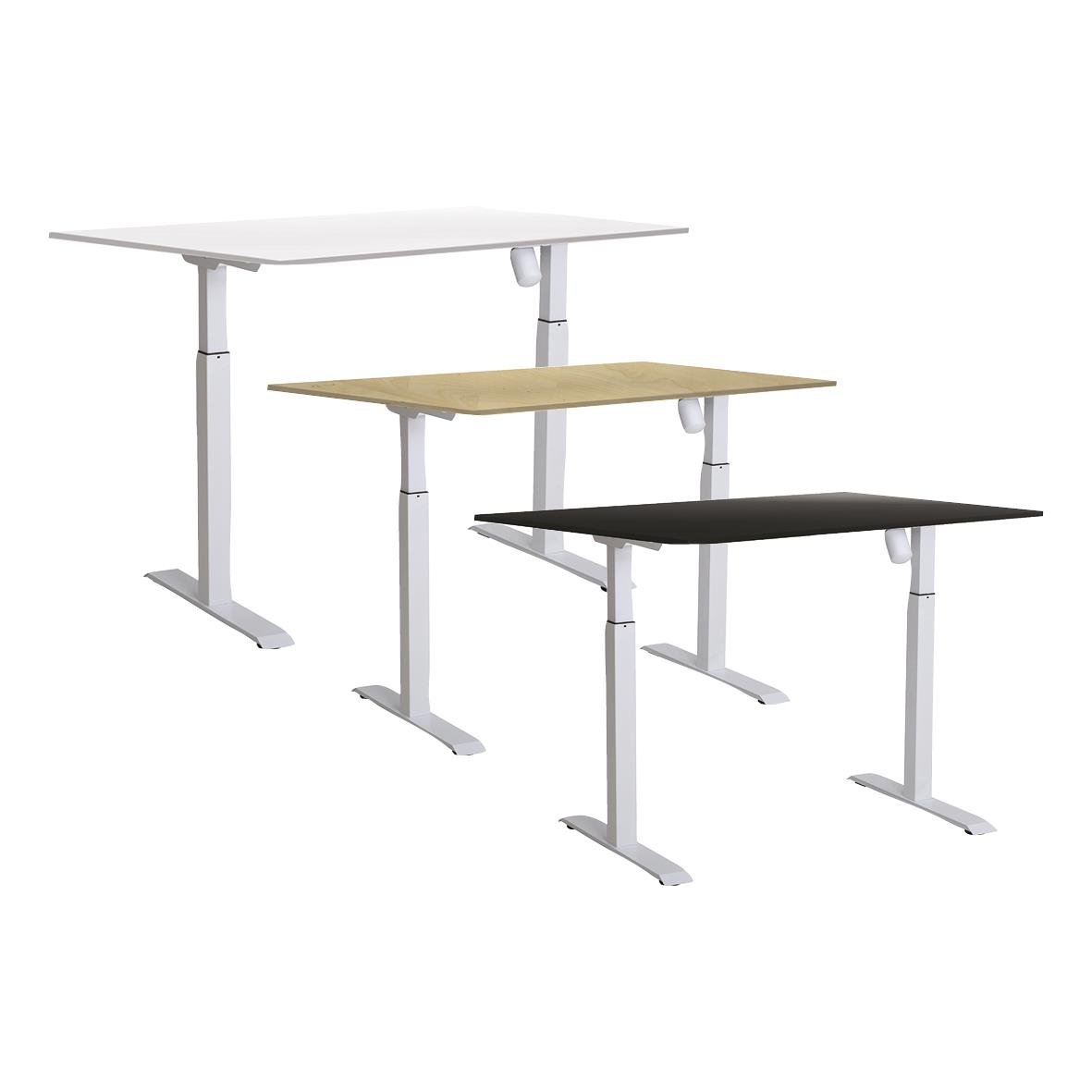 Tre höj- och sänkbara skrivbord i vitt, beige och svart med måtten 1400x800 mm