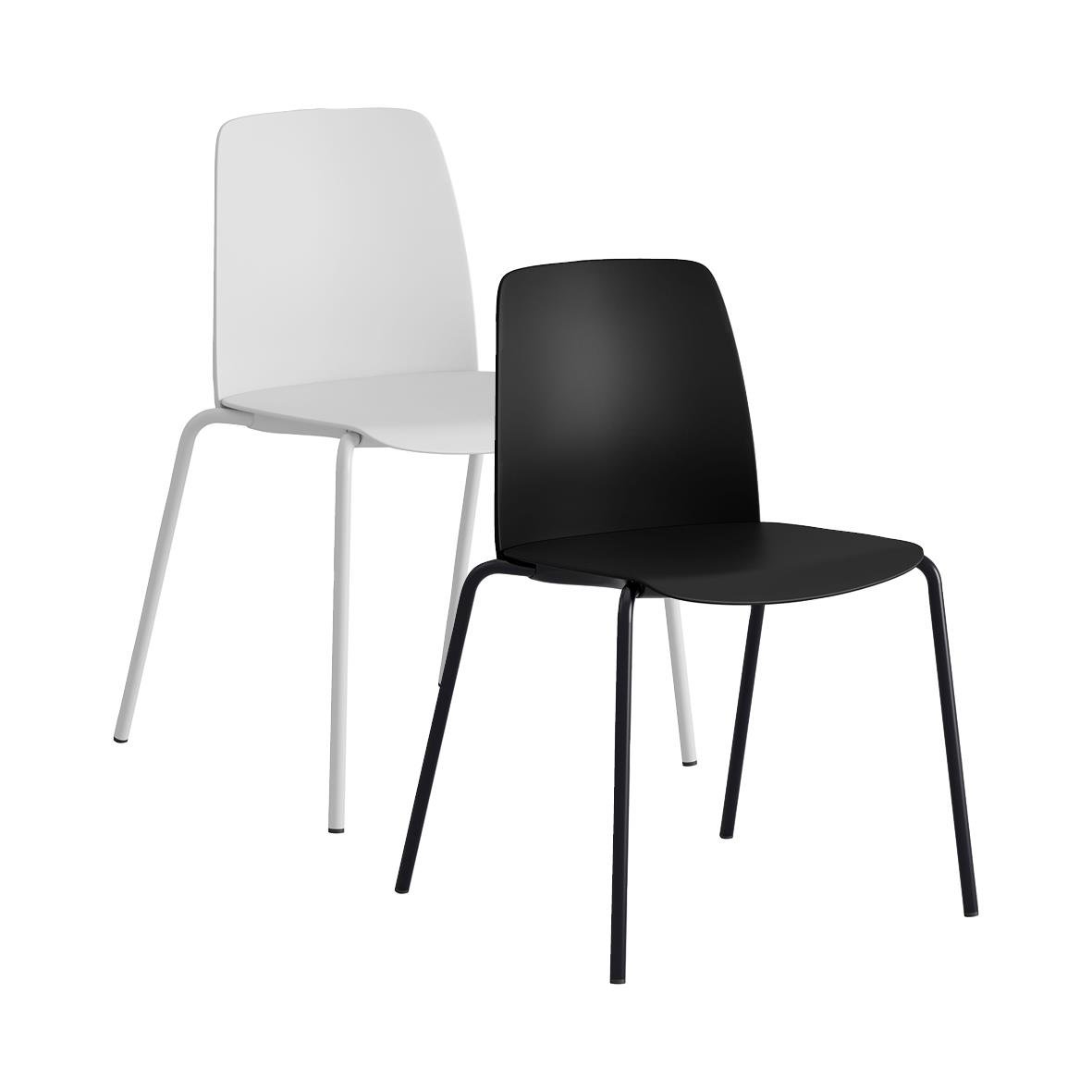 Två moderna plaststolar, en vit och en svart, med enkla design och metallben