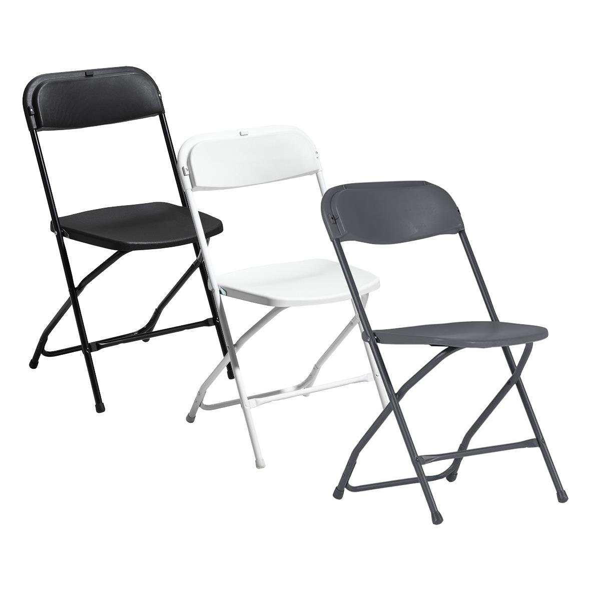 Tre hopfällbara stolar i svart vitt och grått