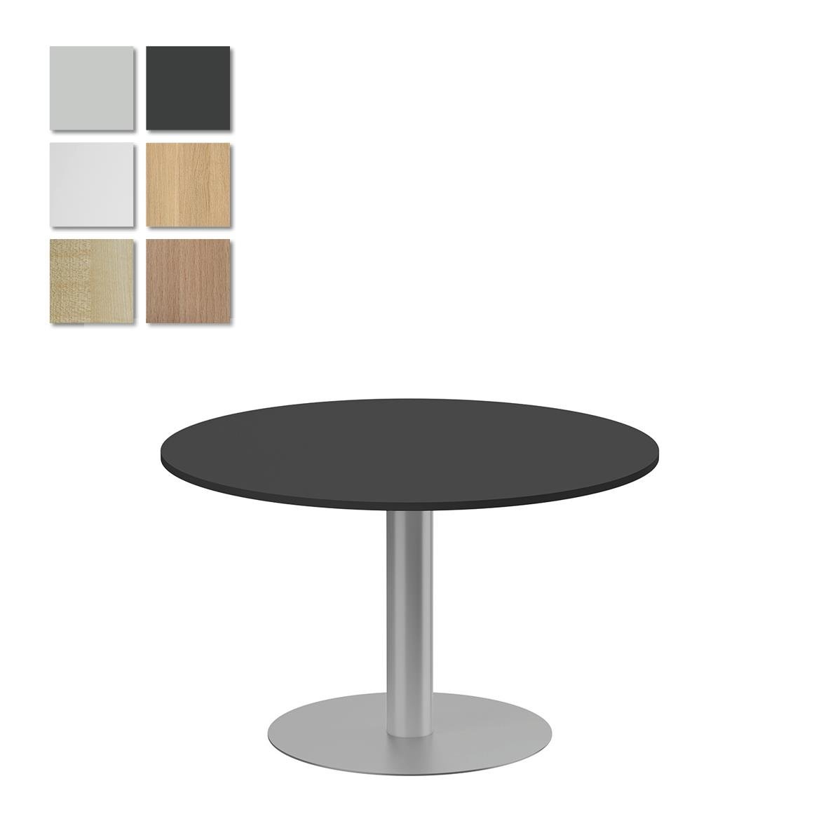 Rund pelarbord med mörk ask- eller silverfärgad yta, diameter 1200 mm och höjd 720 mm