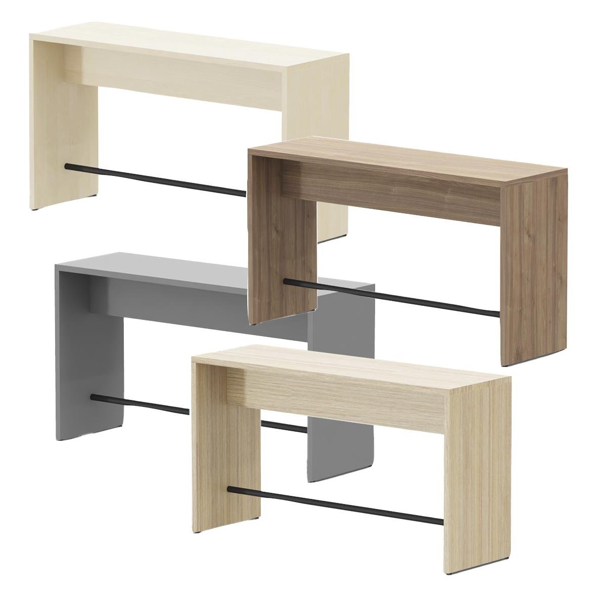 Tre olika färgade barbord i trä med svart metallstöd, H105 D60cm, L190cm