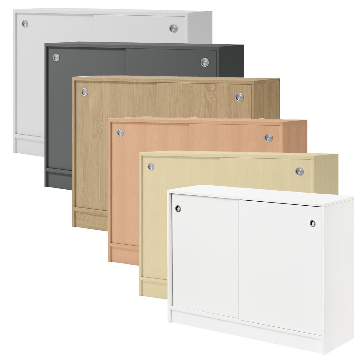 Förvaringsskåp med skjutdörrar i olika färger och träimitation, mått 1200x925mm