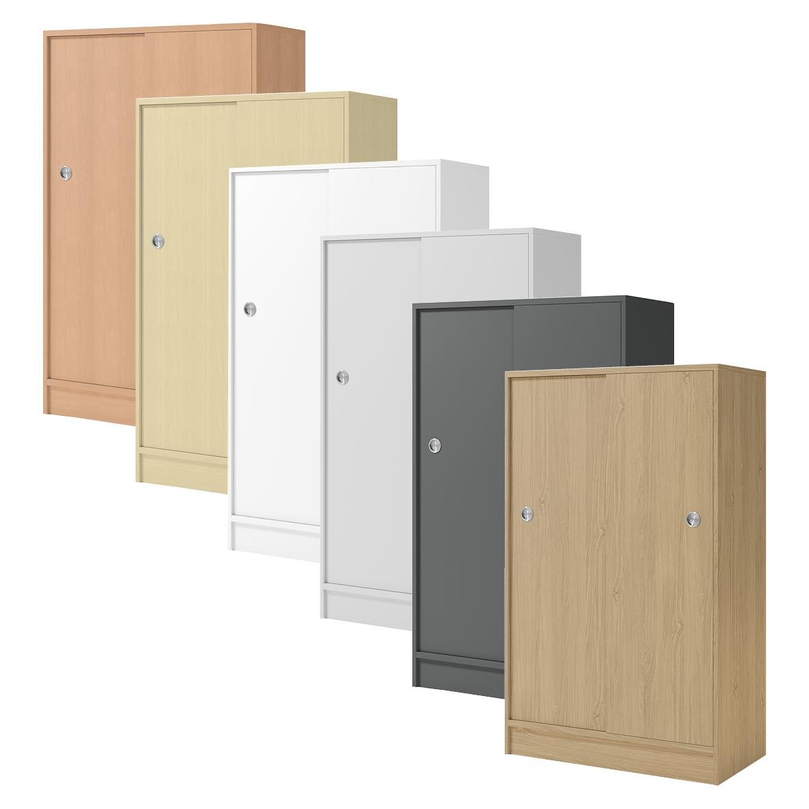 Förvaringsskåp med skjutdörrar i olika färger och träfinish, storlek 805x1325x415mm