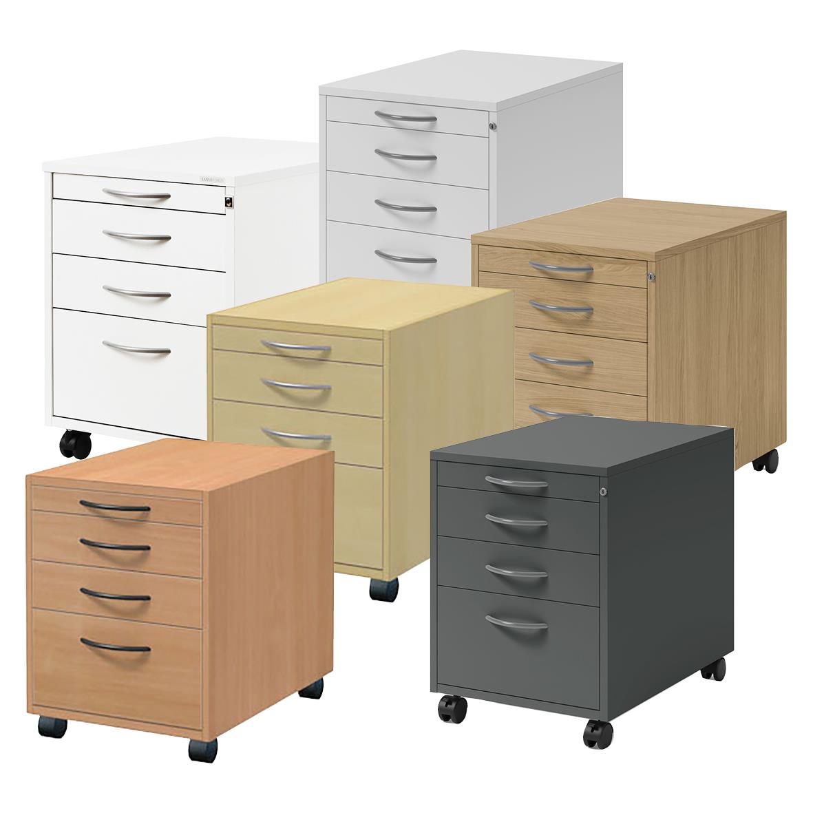 Fem olika färgade Hurts På Hjul Lanab 4 lådor lådskåp med hjul i vitt, beige, svart, ljusbrunt och mörkbrunt