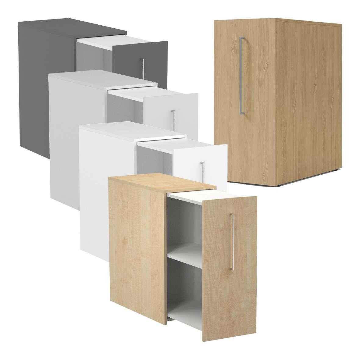 Förvaringsskåp i olika färger och storlekar med utdragbara hyllor och handtag, mått 415x925x800mm