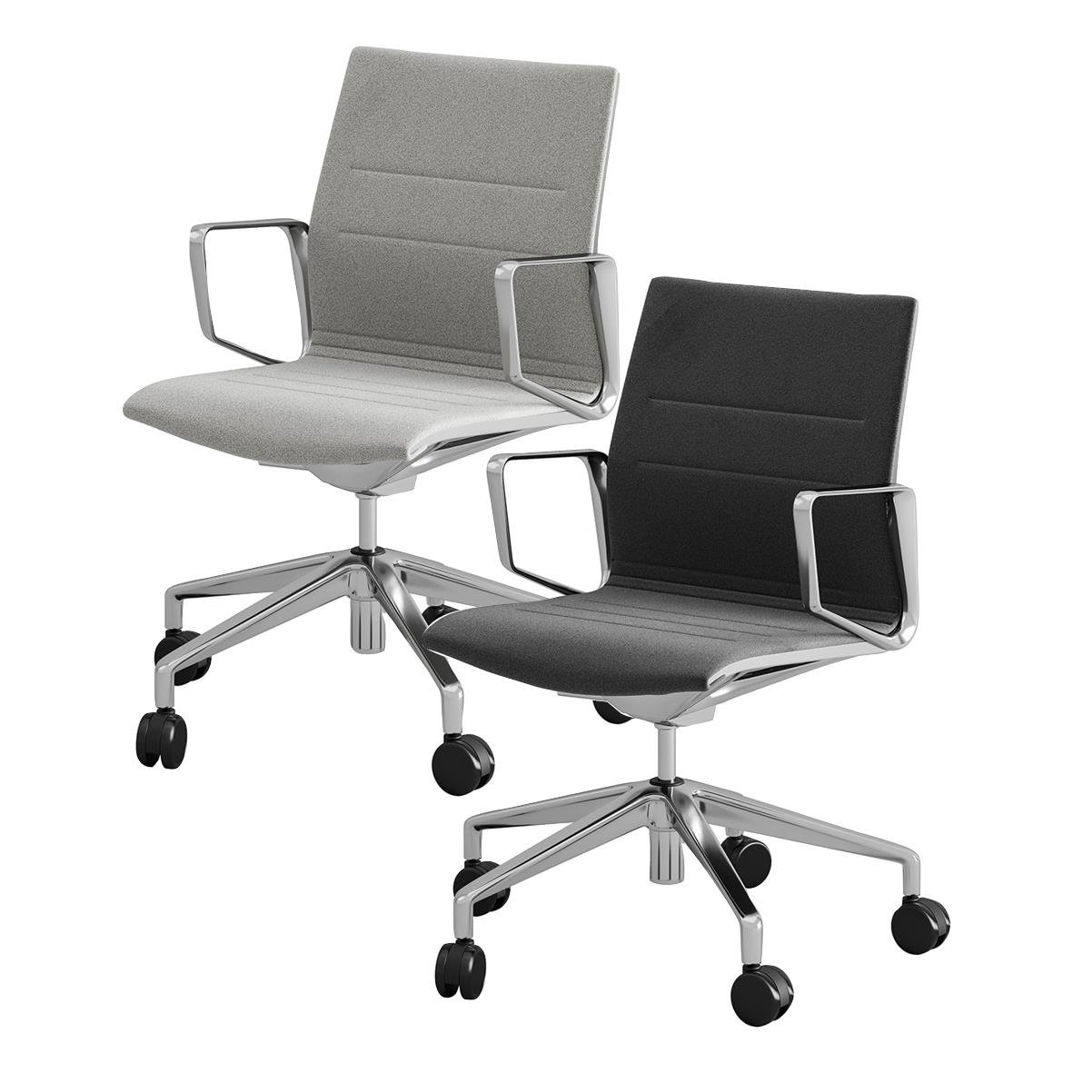 Två konferensstolar med armstöd, en i ljusgrå och en i svart, på hjul och med metallramar