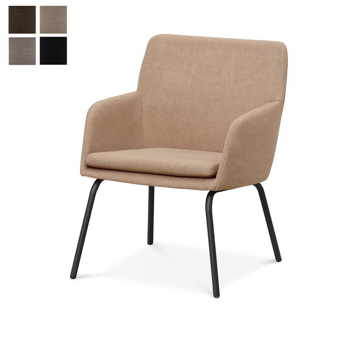 Karmstol i beige tyg med svarta ben, helklädd och modern design