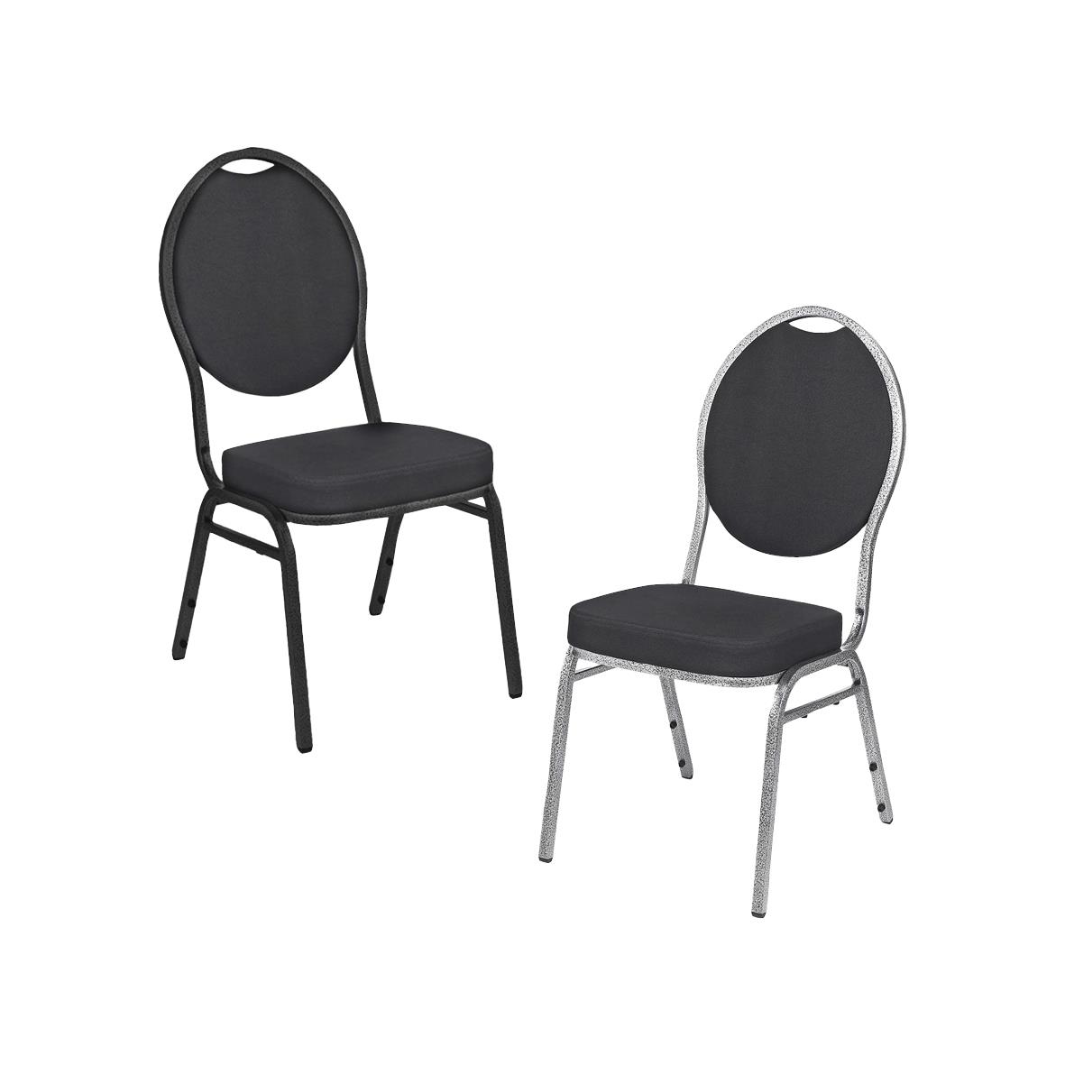 Två stapelbara stolar med svart sits och ryggstöd, en i svart och en i silverfärgat stål