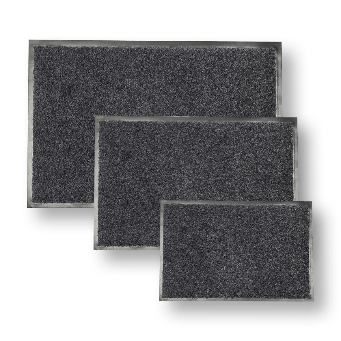 Tre grå torkmattor i olika storlekar, slitstarka och praktiska för rengöring