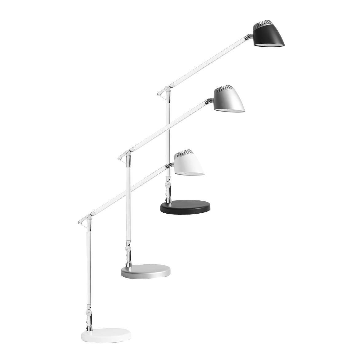 Skrivbordslampa Matting Napoli med tre justerbara lamphuvuden i svart, vitt och grått på en vertikal ställning