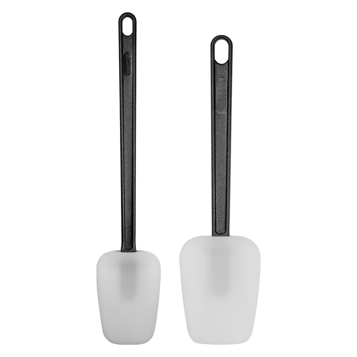 Silikonskrapa med svart skaft och vit skål för smet eller deg