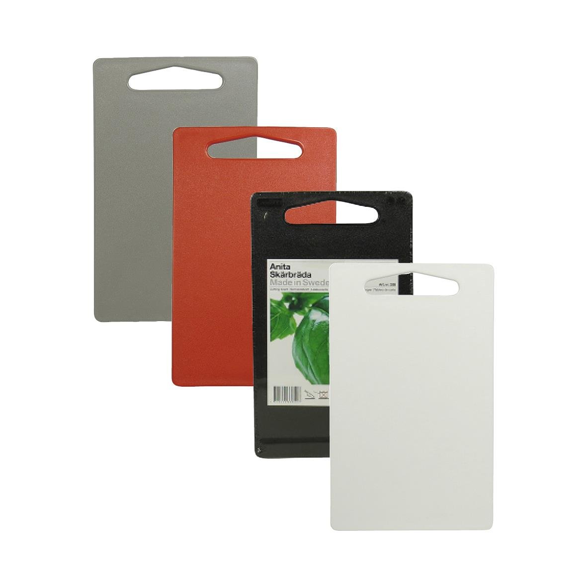 Set med fyra skärbrädor i plast i färgerna grå, röd, svart och vit, storlek 250x150x7mm