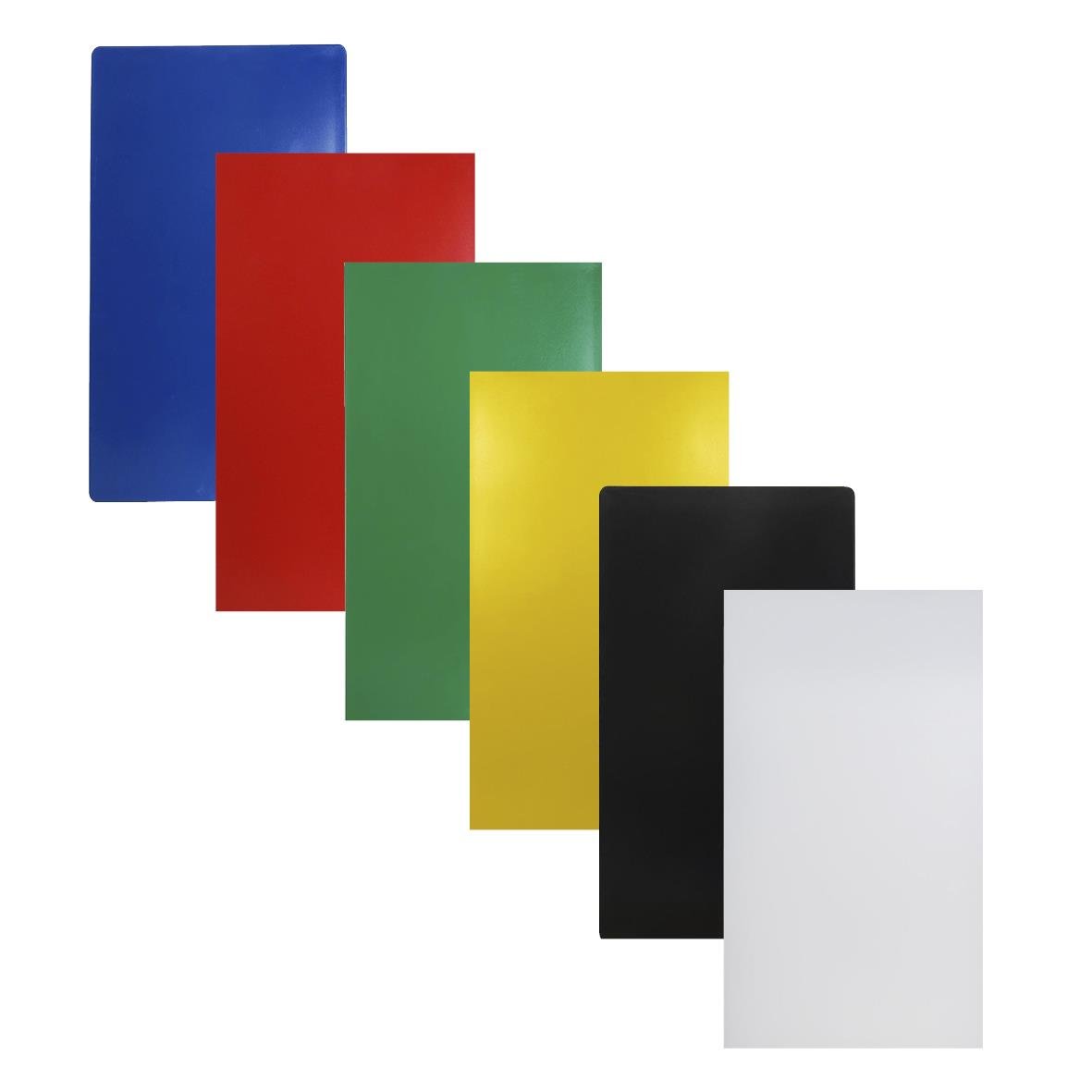 Färgglada skärbrädor i plast i blått, rött, grönt, gult, svart och vitt