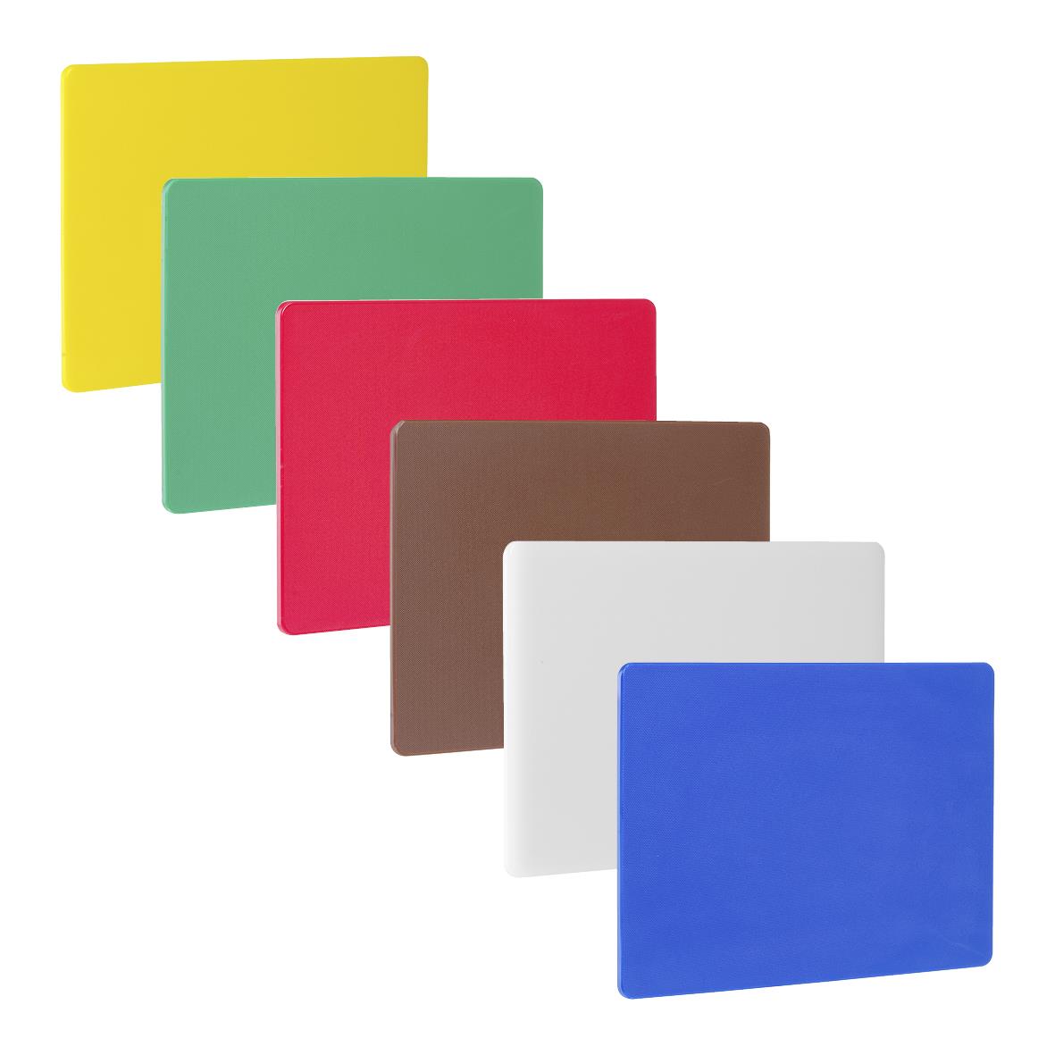 Färgglada skärbrädor i LDPE, storlek 325x265mm, i gult, grönt, rött, brunt, vitt och blått