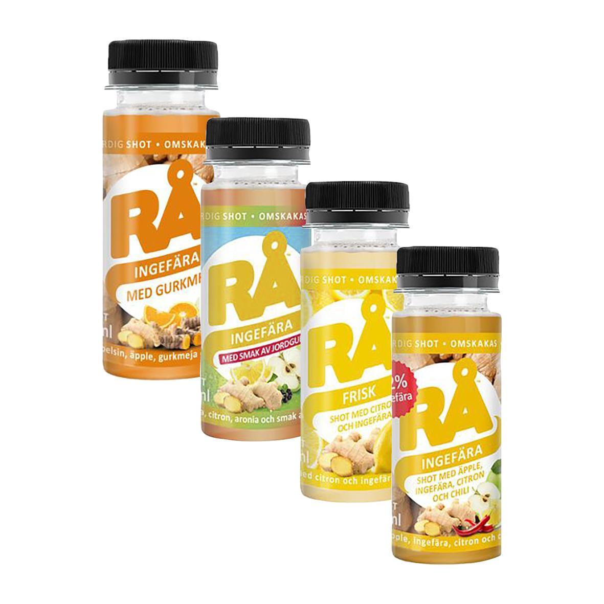 Fyra små RÅ Shot-flaskor med olika smaker, 65 ml, i olika färger