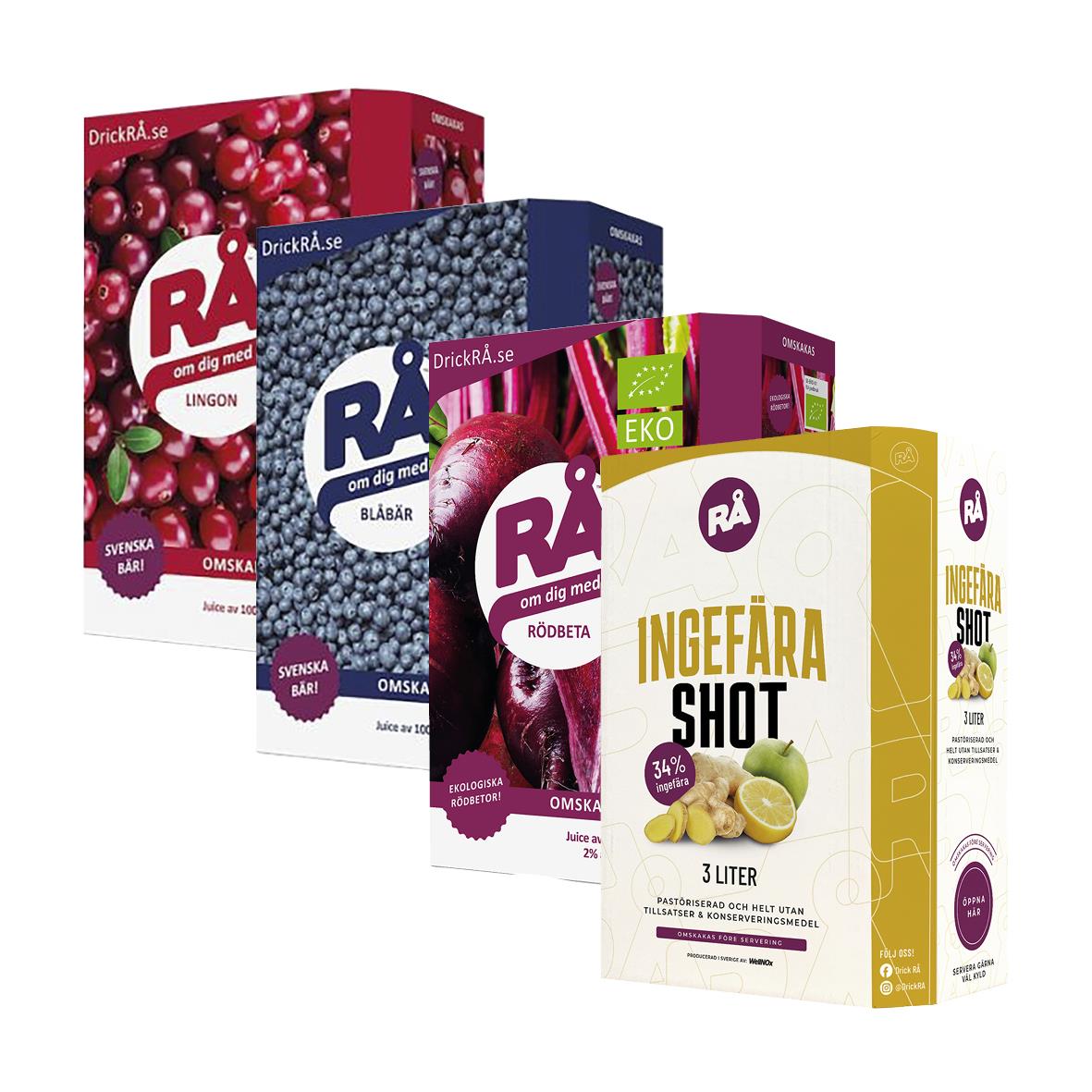 Tre bag-in-box för juice eller dryck, olika smaker i färgglada förpackningar