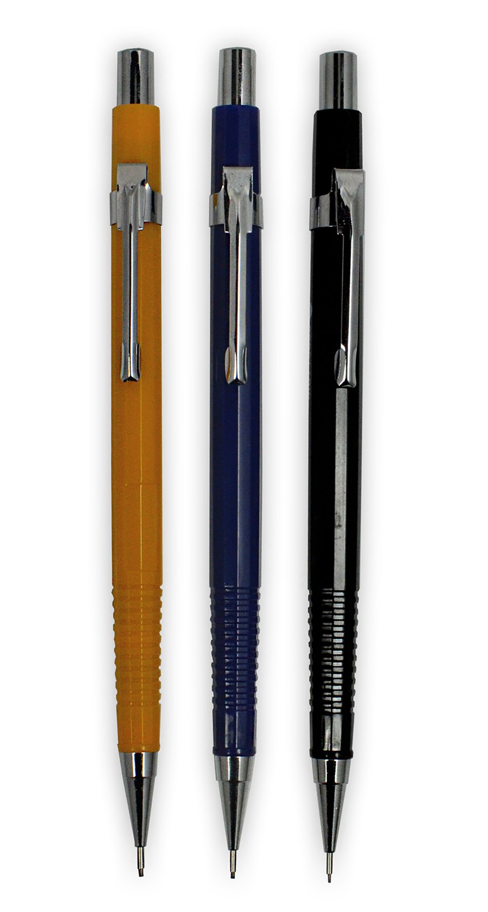 Tre retro stiftpennor i gult, blått och svart med metallklipp