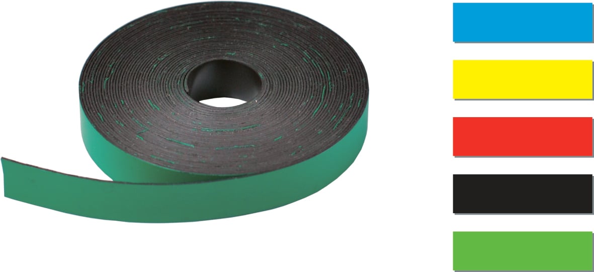 Magnetremsa 10mm bred, 5 meter lång i svart, med färgade markeringar i blått, gult, rött och grönt