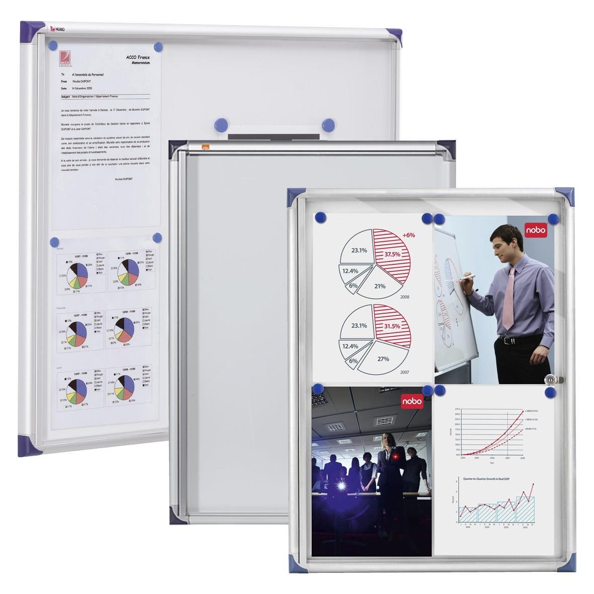 Displayskåp Nobo inomhus med whiteboard och diagram, används för presentationer och möten