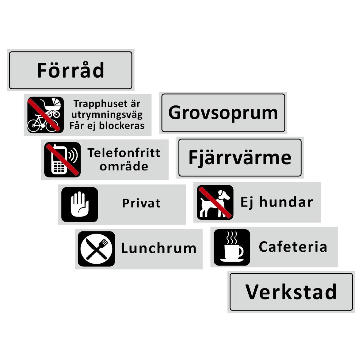 Informationsskylt Aluminium/svart 225x80mm olika varianter