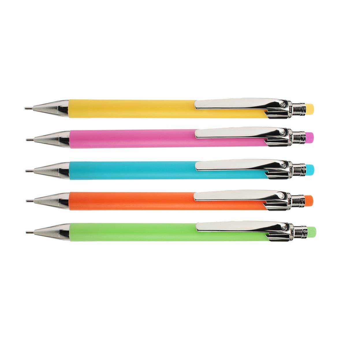Fem färgglada stiftpennor i gult, rosa, blått, orange och grönt med metallklämmor