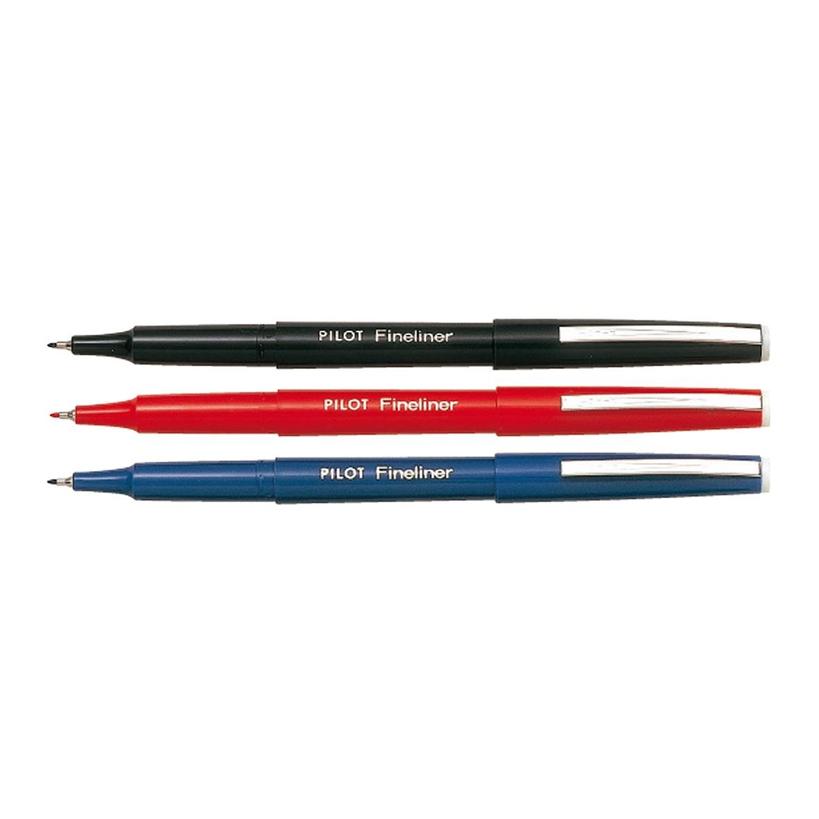 Tre Pilot Fineliner-färgpennor i svart, rött och blått med 0,4 mm spets