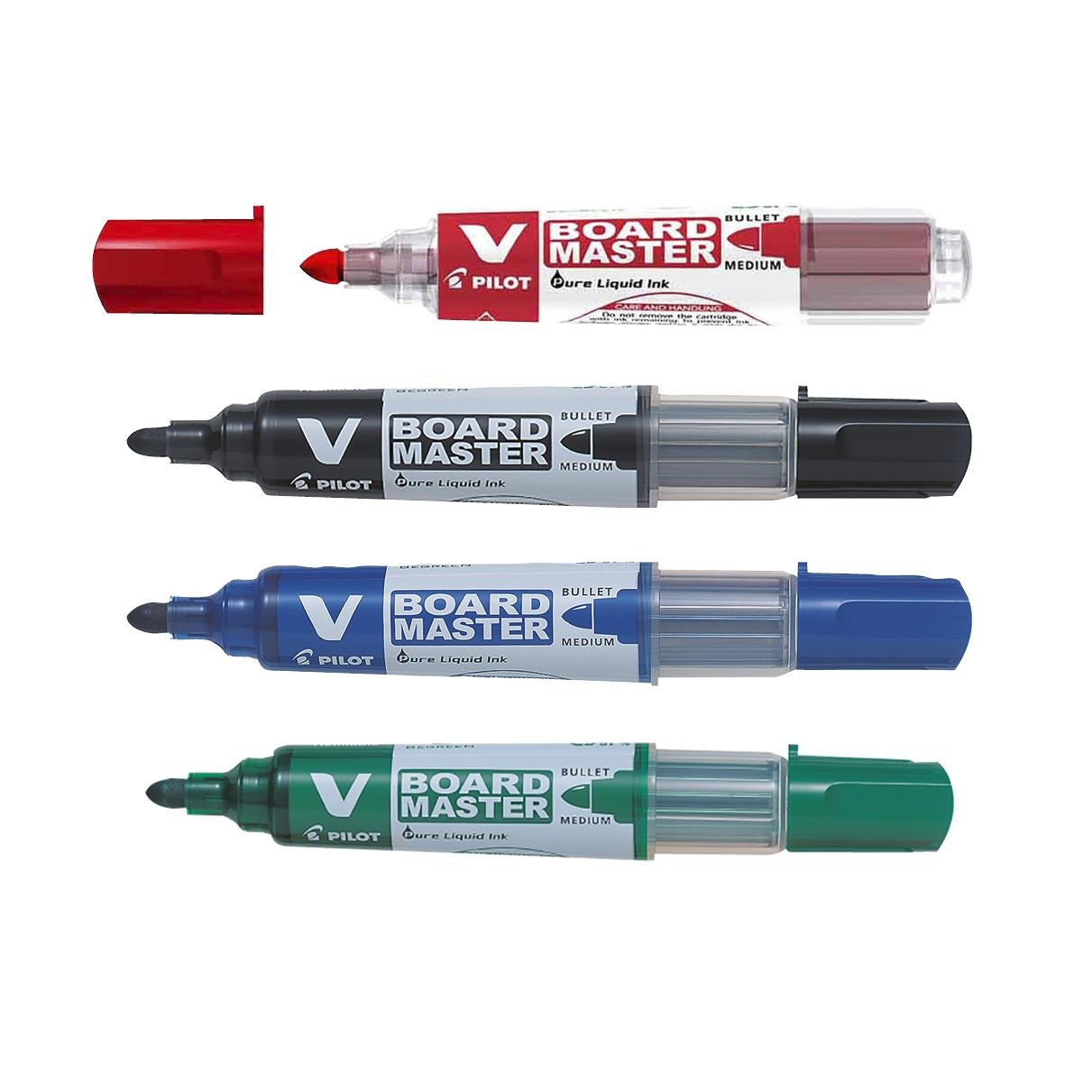 Fyra Pilot V-Board koniska whiteboardpennor i rött, svart, blått och grönt