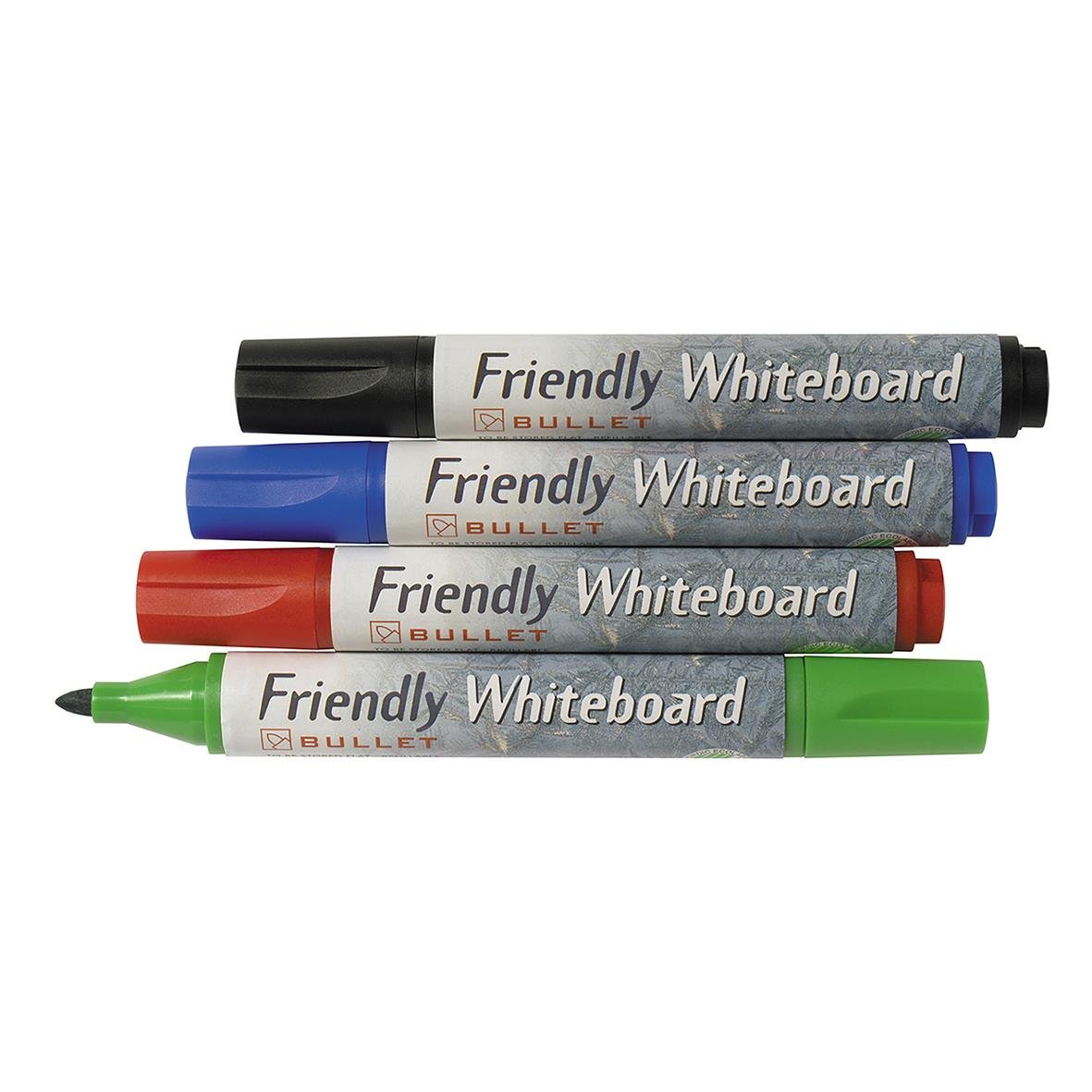 Fyra whiteboardpennor i svart blå röd och grön med rund spets