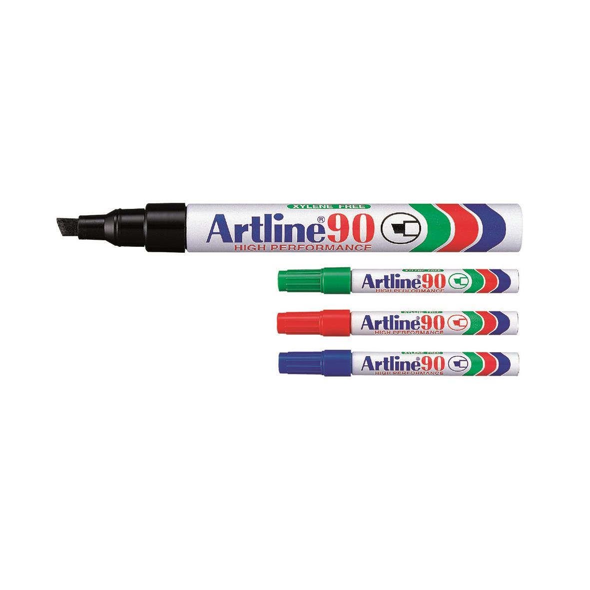 Märkpenna Artline 90 med skuren 2/5mm spets i svart, grön, röd och blå färg