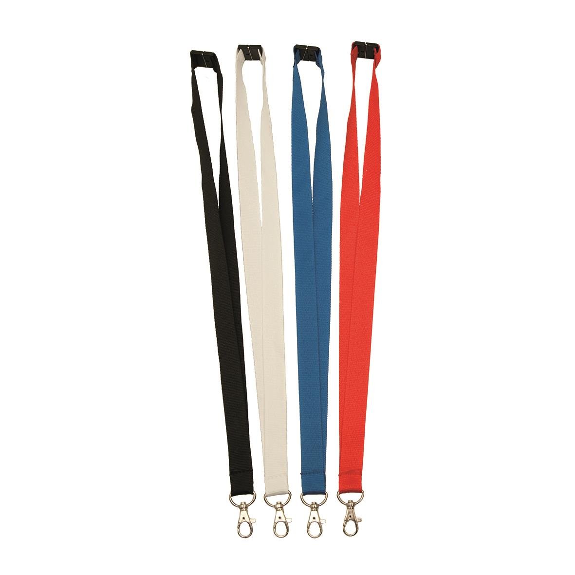 Fyra nyckelband i textil i svart, vitt, blått och rött, 20mm breda och 90cm långa