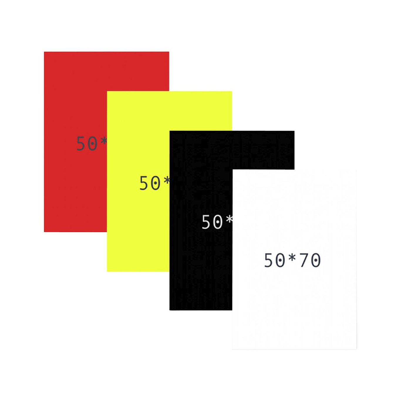 Tre färgade textkartonger i rött, gult och svart med storleken 50x70cm