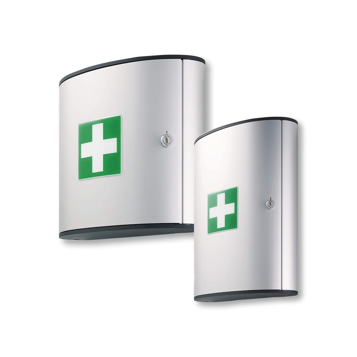 Silver skåp för första hjälpen med grönt kors, mått B302xH280xD118mm