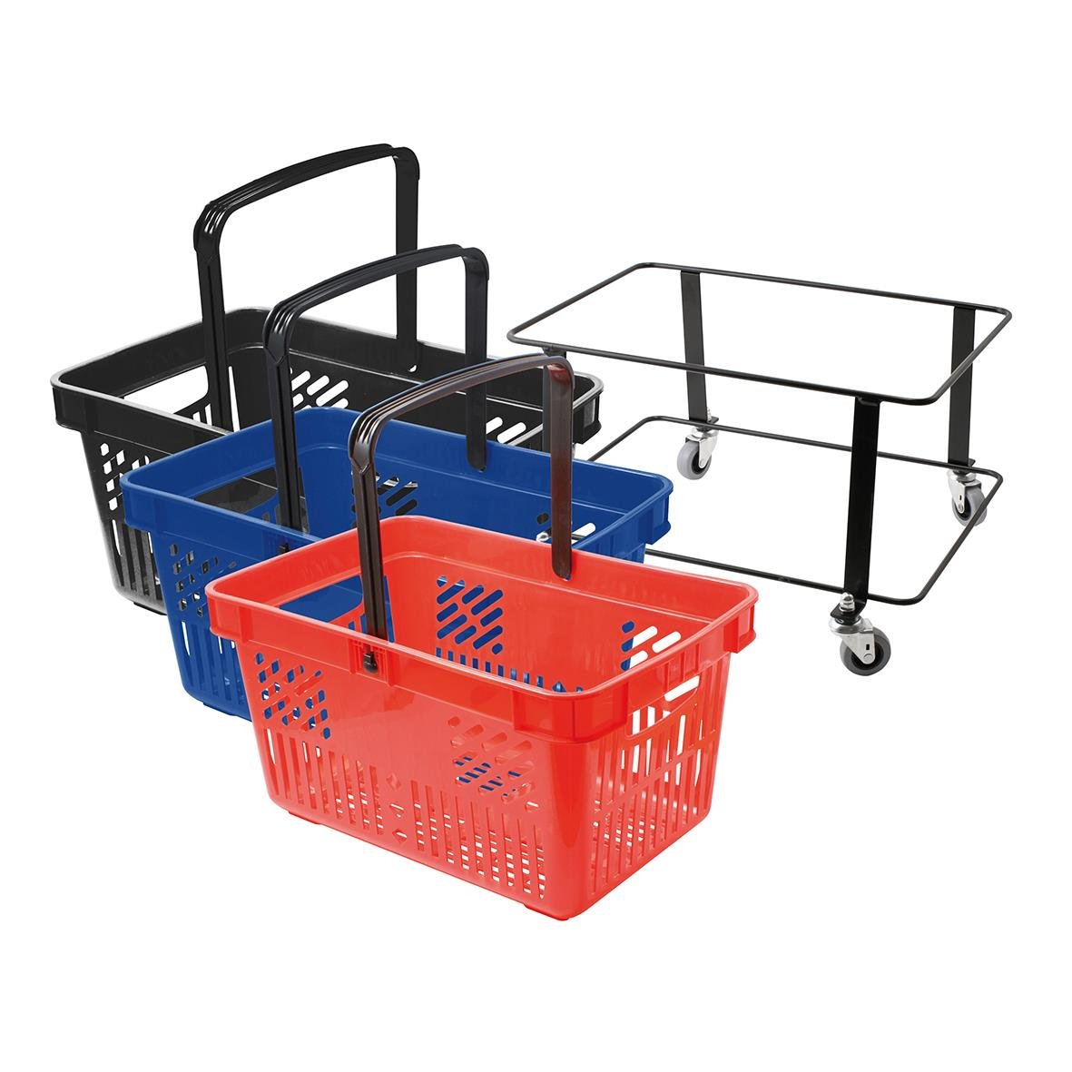 Tre kundkorgar i plast i svart blå och röd, med handtag och hjul, samt en tom metallvagn