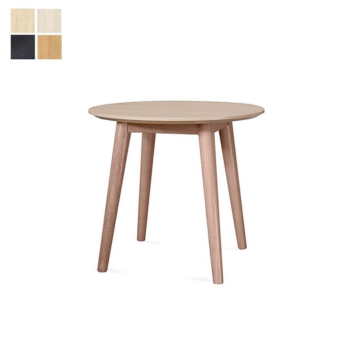 Runt träbord med tre lutande ben i ljus träfinish