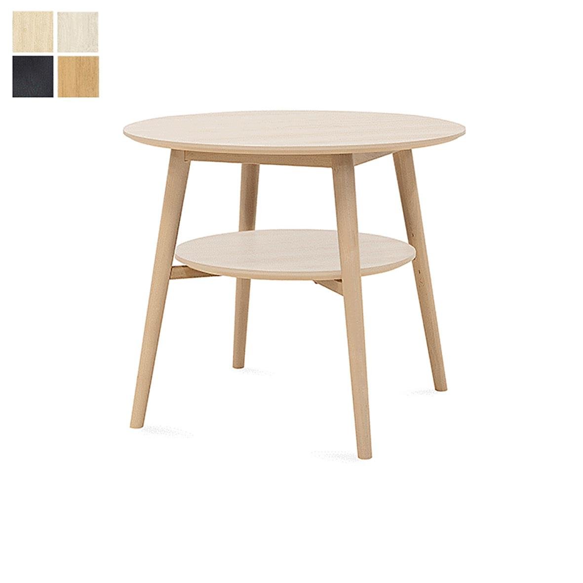Runt träbord med oval topp och en lägre hylla, fyra lutande ben i ljus träfinish