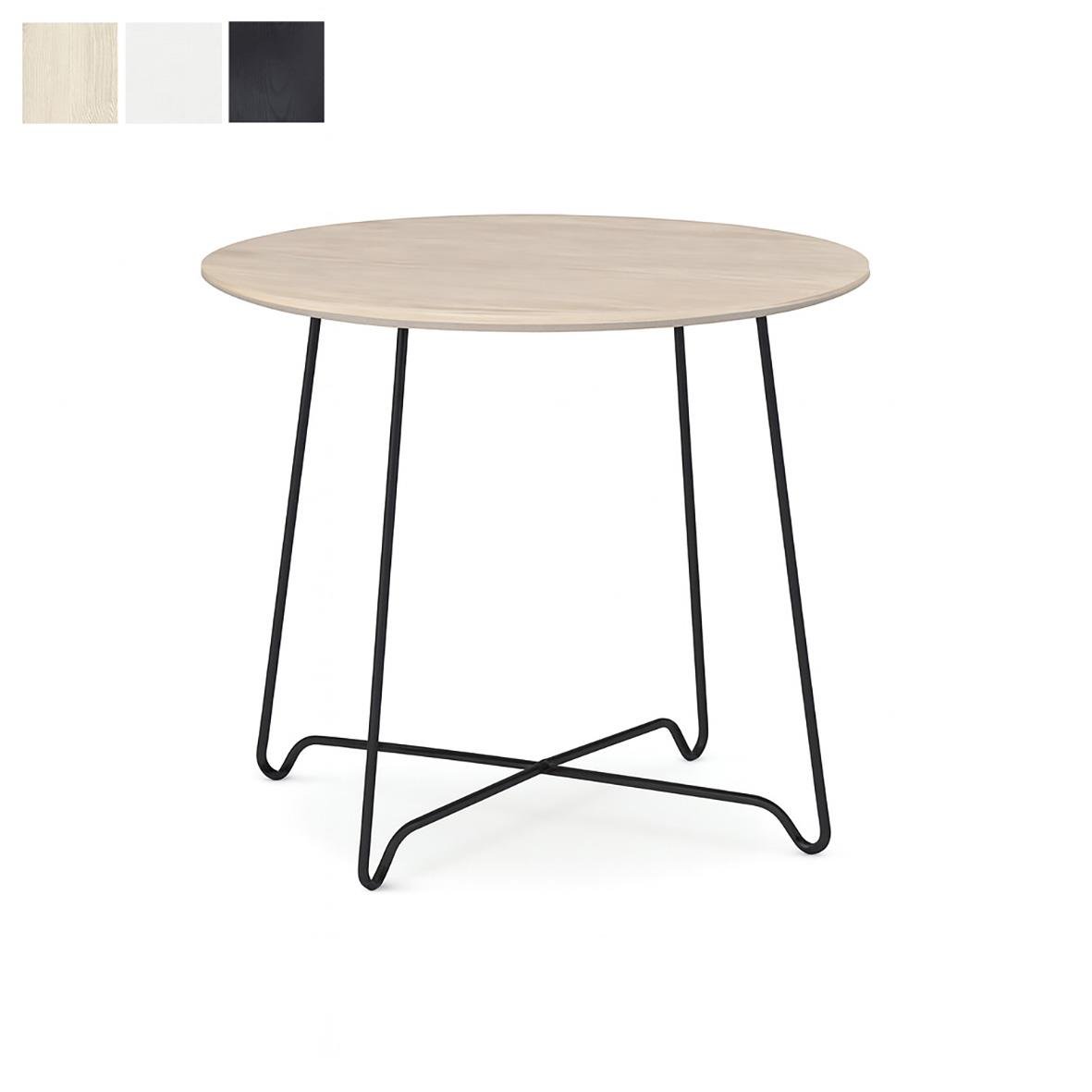 Runt träbord med svart metallram och tre ben