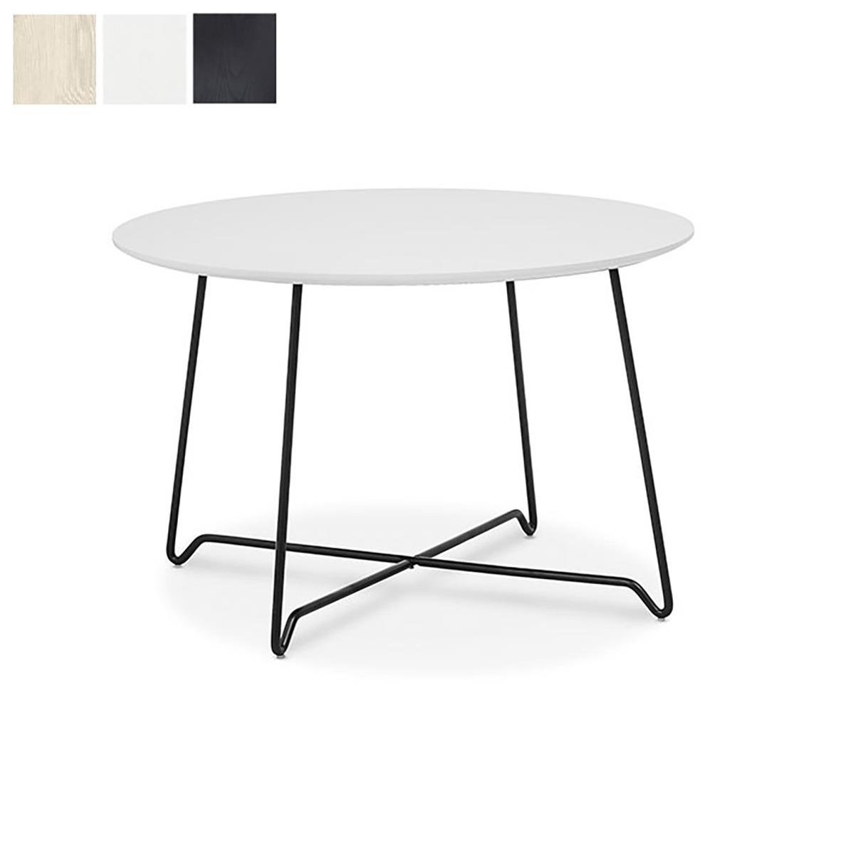 Runt runt bord med vit bordsskiva och svarta metallben