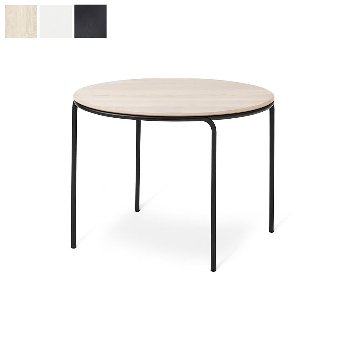 Runt runt bord med svart metallram och ljus träskiva